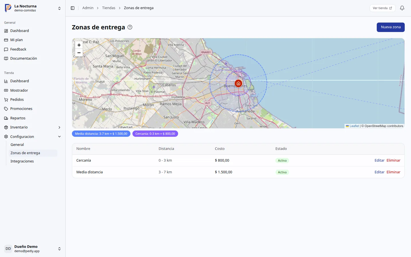 Mapa de zonas de entrega configuradas en Pedly