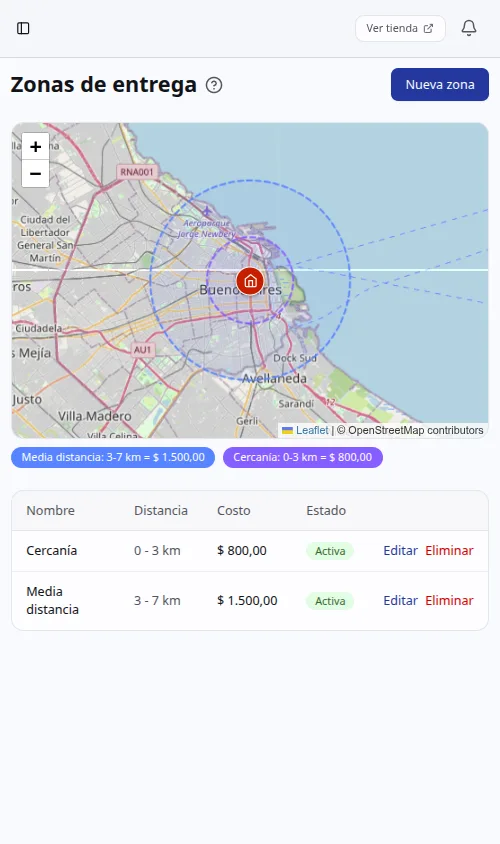 Mapa de zonas de entrega configuradas en Pedly (vista mobile)