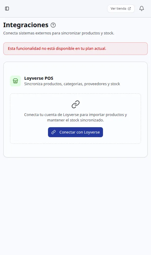 Pantalla de integraciones con la conexión a Loyverse (vista mobile)