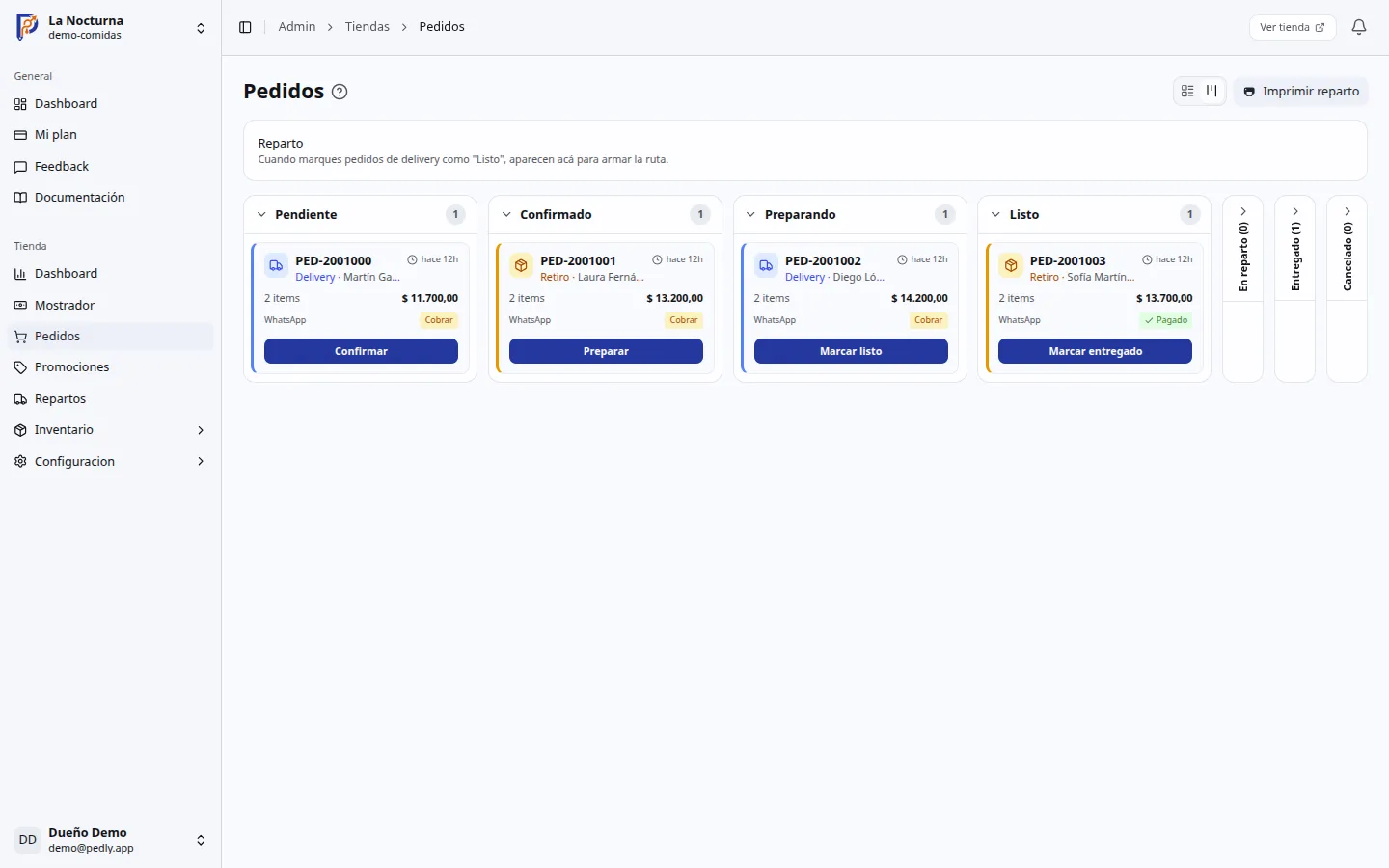 Tablero kanban de pedidos en Pedly