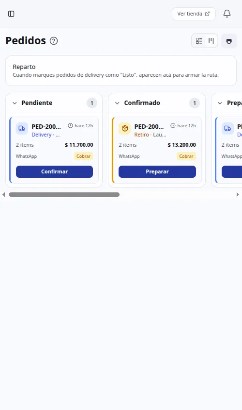 Tablero kanban de pedidos en Pedly (vista mobile)