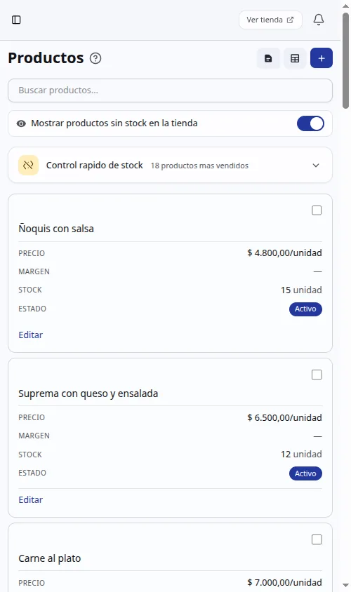 Lista de productos en el panel de Pedly (vista mobile)