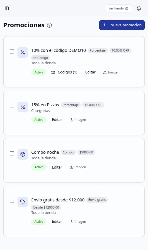 Lista de promociones activas e inactivas en Pedly (vista mobile)