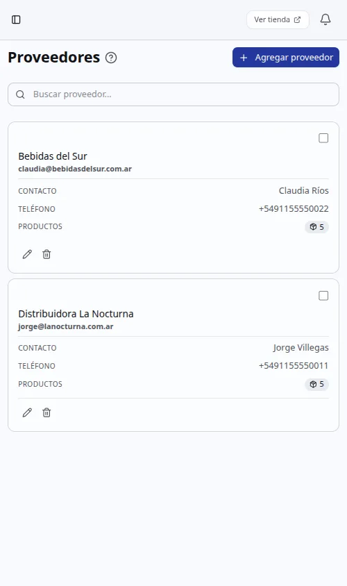 Lista de proveedores en el panel de Pedly (vista mobile)