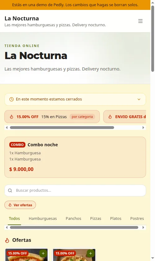 Catálogo público de la tienda online de Pedly (vista mobile)
